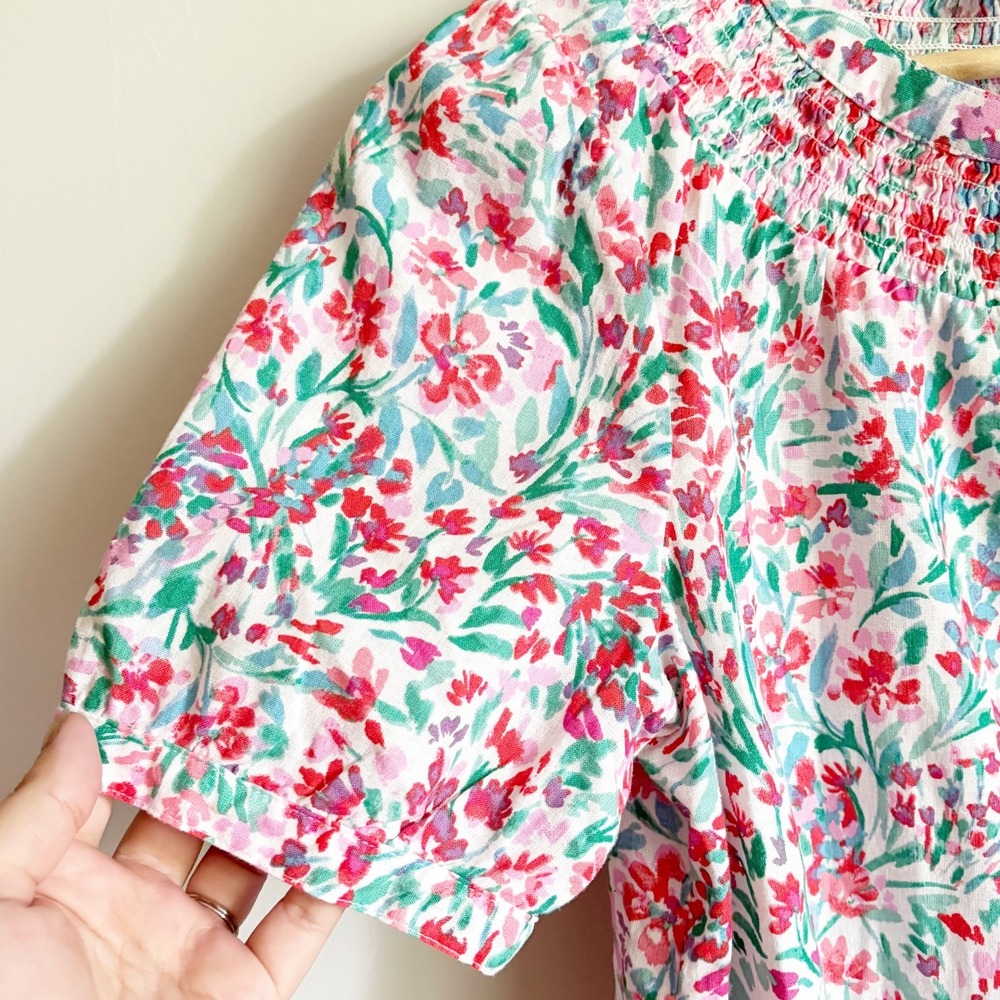 J Crew Womens Linen Blend Floral Button Up Top Size XS Smock Neck Lightweight - Picture 3 of 10